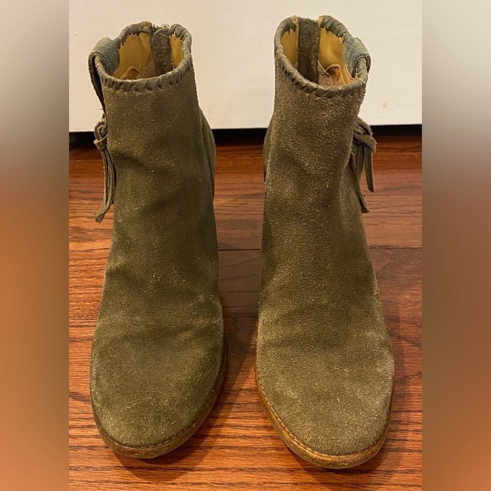 Jack Rogers Ankle Boots Booties Sz 7.5 Green Suede Leather Tassels Zip Back